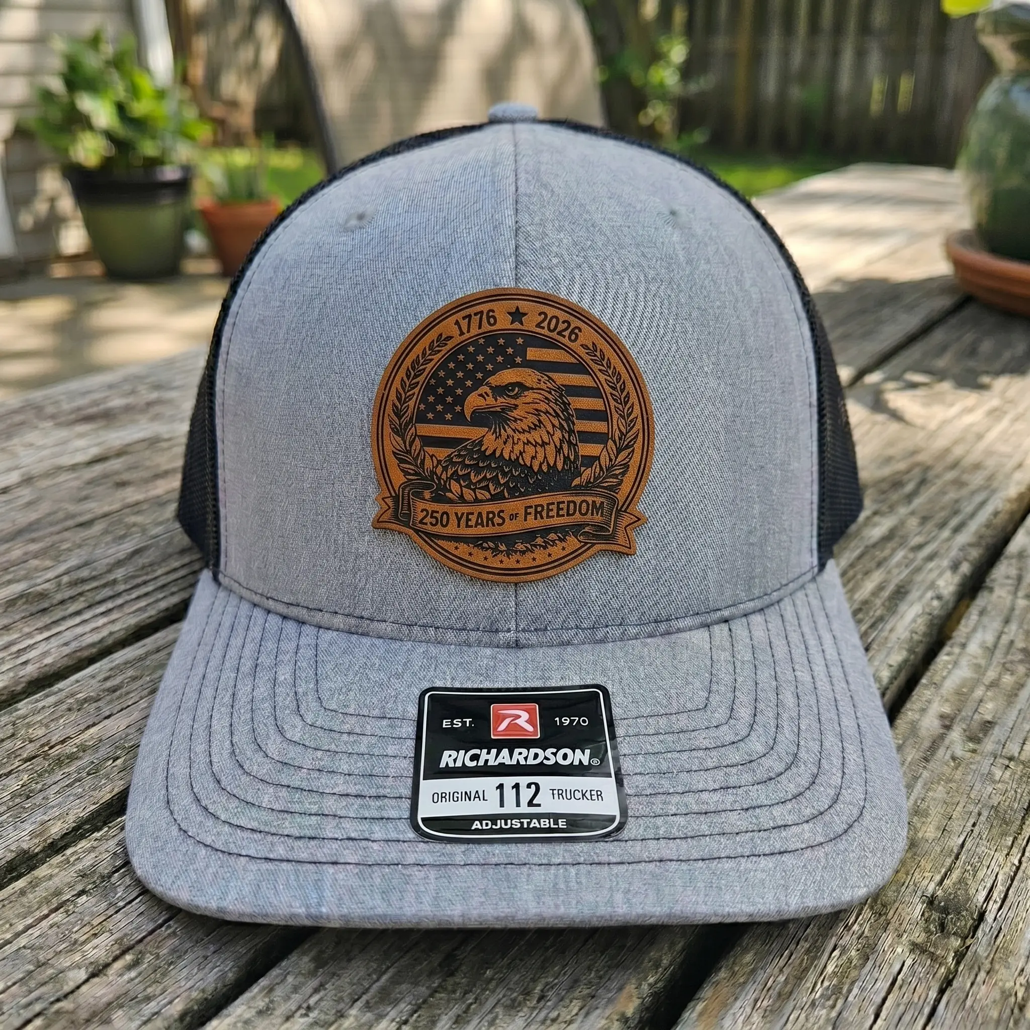 250 Years Freedom Eagle Leather Patch 112 Trucker Hat, Adjustable Snapback Cap, Patriotic Cap, Fast Shipping