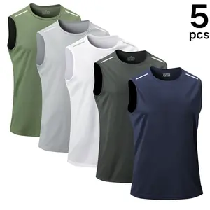 Men's Solid Color Crew Neck Sleeveless Sports Tank Top with Breathable Mesh & Reflective Strips for Summer Wear