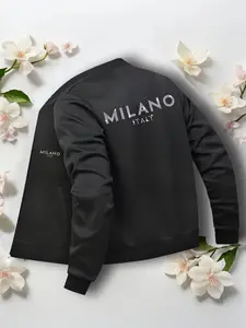 "milano Italy" Letter Print Zipper Jacket, Comfortable Fashion Workwear, Long Sleeve Fitted Design, Casual Fall & Winter Style, Coats