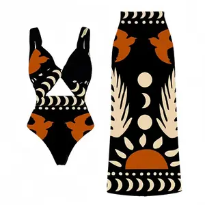 Printed One Piece Swimsuit Women Bikini with Beach Set New One Shoulder  Split Swimwear Brazilian Biquini Bathing Suit