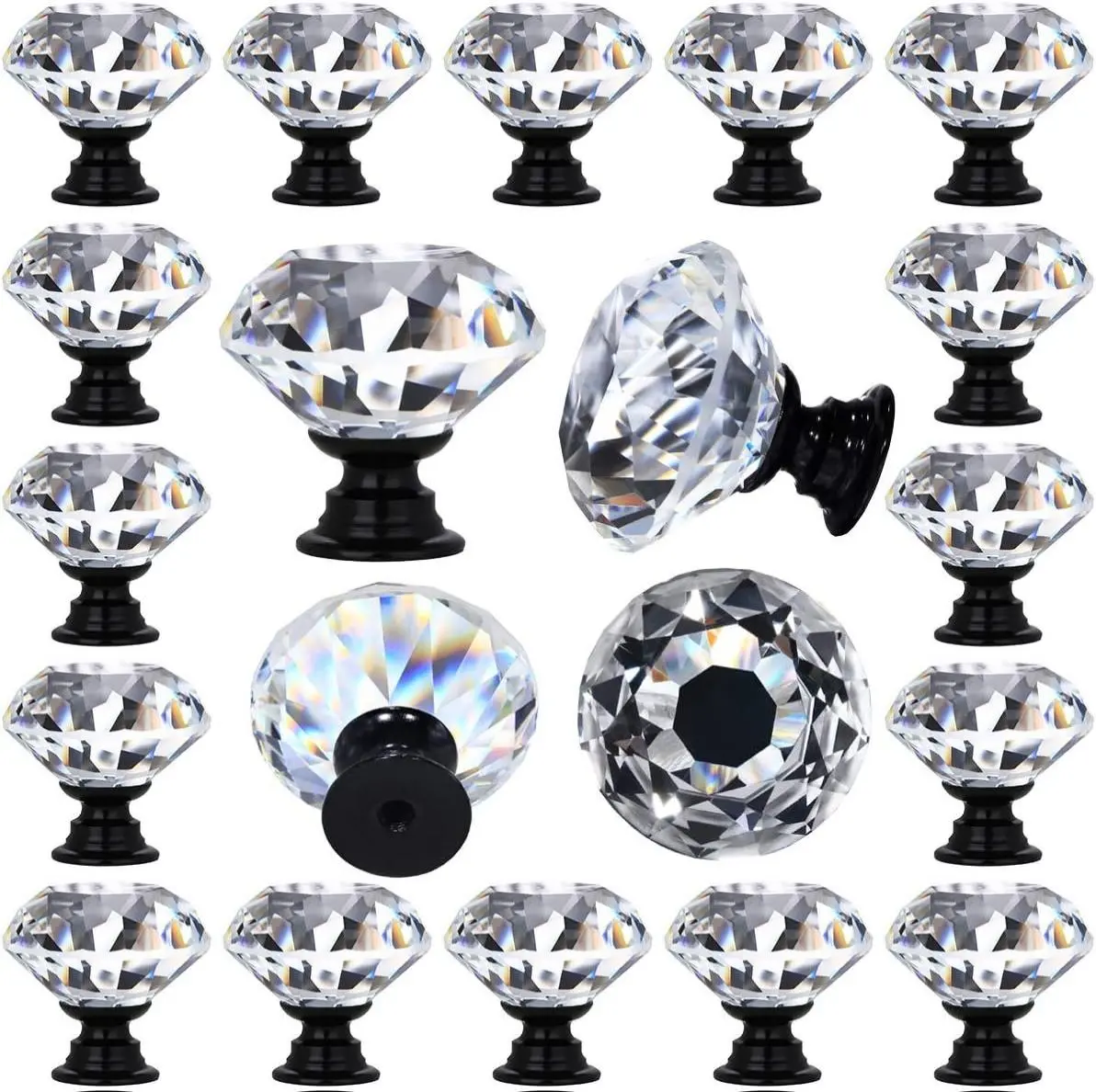 12 Packs Crystal Cabinet Knobs Drawer Pulls and Knobs Diamond Dresser Handles Crystal Pulls for Drawers - 30 mm Clear Glass Cabinet Knob with Black Base