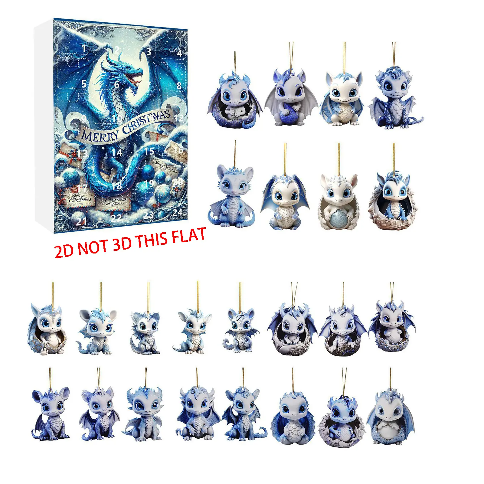 Baby Dragon Advent Calendar Figurine Box, 24-Day Christmas Countdown with Blue-Themed 2D Acrylic Hanging Fit Flat Ornaments, Holiday Gift for Kids