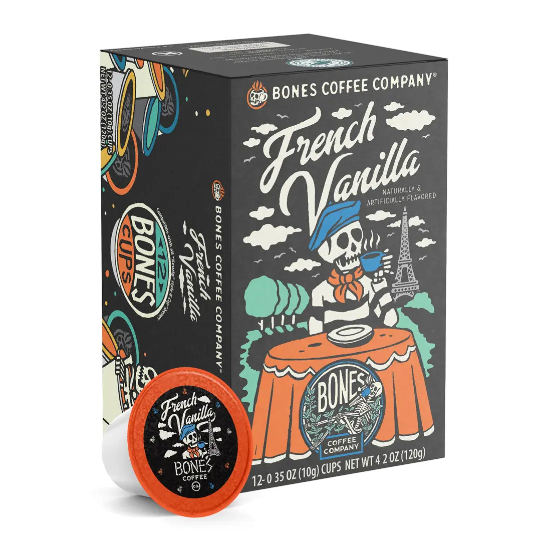 Bones Coffee Company | French Vanilla Flavored Coffee Pods 12 Count Medium Roast Keurig Compatible