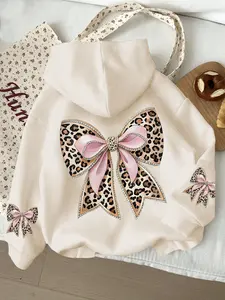 Leopard Print Bow Graphic Fitted Long Sleeve Drawstring Hoodie, Comfortable Plus-size Women's Sweatshirt, Cozy Daily Wear Ideal for Travel & Casual Days