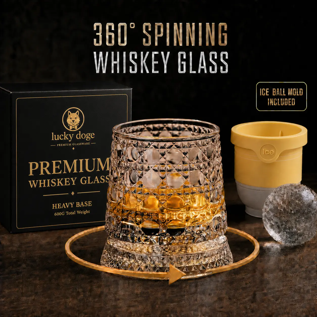 Crystal Star-Cut Spinning Whiskey Glass, 10 oz 600g Heavy-Base Rotating Crystal Tumbler with Ice Sphere Mold and Luxury Gift Box, Premium Birthday Gift for Men