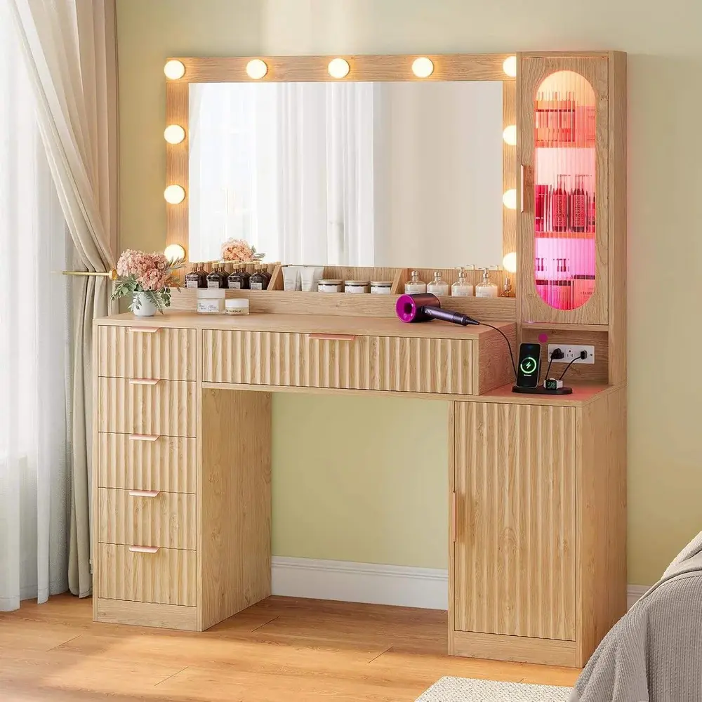 SIKAIC Fluted Makeup Vanity Desk with Large 31.5" Mirror and Lights, 46.1" Wood Vanity with Charging Station & RGB Lights, Dressing Table with 6 Drawers & Cabinet & Shelves, Women and Girls, Home Furniture, Best Gift Ideas