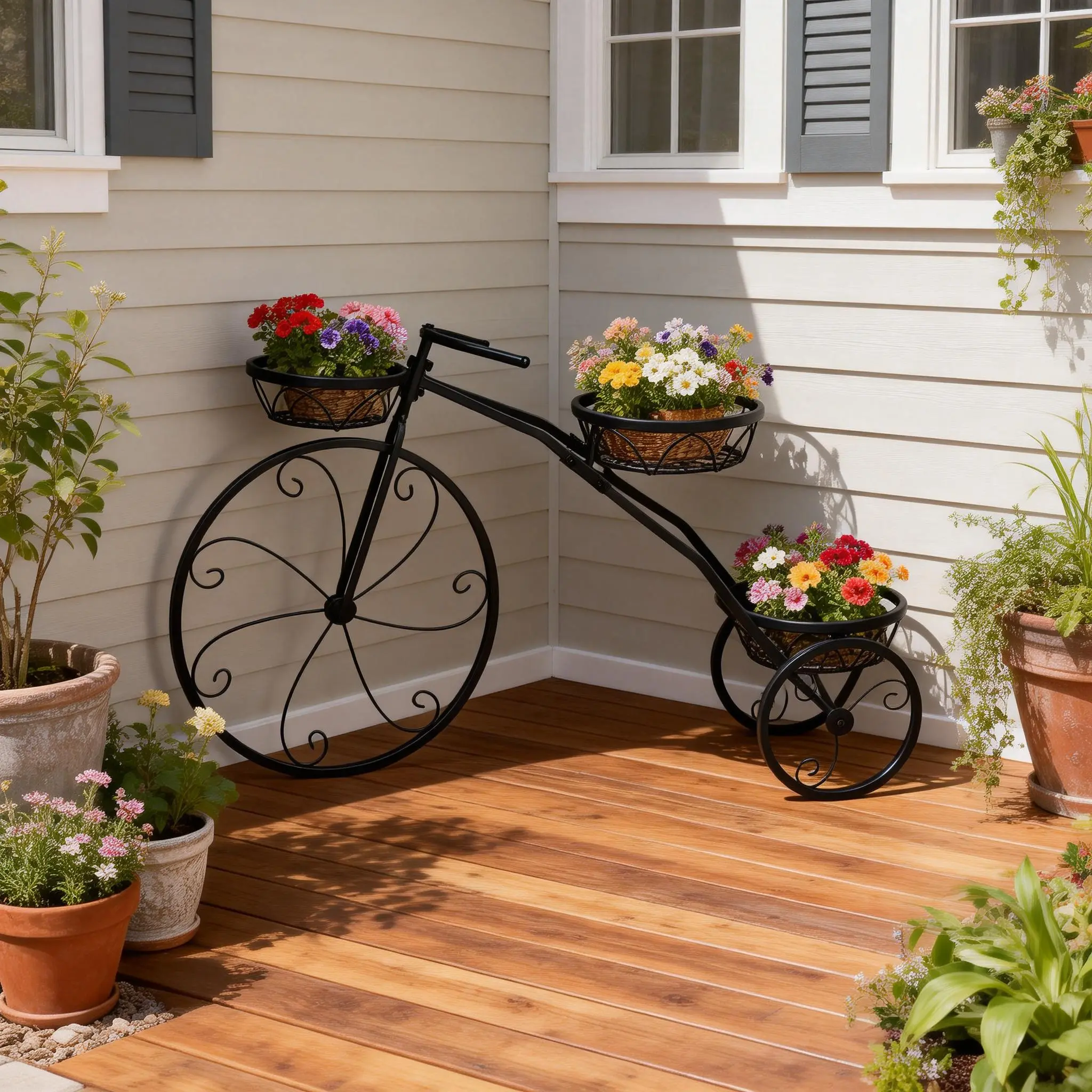 Black Tricycle Plant Stand with 3 Baskets - Decorative Garden Planter Bike Flower Holder, 1.75kg/3.86lbs, 17x10cm & 22x13cm, for Indoor & Outdoor Decor, Home Improvement Garden Supplies