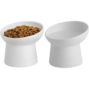 Ceramic Raised Cat Bowls, Elevated Tilted Cat Food and Water Bowls Set, Porcelain Stress Free Pet Feeder Dish for Cats and Small Dogs, Dishwasher and Microwave Safe, Set of 2(White)