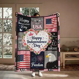 USA Patriotic Flannel Throw Blanket - Happy Independence Day Reversible, Soft Cozy Patchwork, Lightweight Breathable, Machine Washable 4th of July Gift for Americans, Machine Washable Blanket, Reversible Blanket