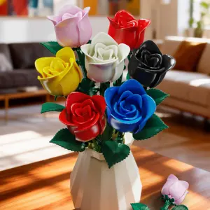 Artificial Flower Building Brick Red Rose Toy,Pink Yellow Blue Black White Romantic Rose Botanical,Bouquet Building block Set,Kit,DIY Forever blossom Mini birthday,love,Relief,Creative Christmas for Kid,Adult,Home Desk Decor,Valentine's Day,Memorial Day
