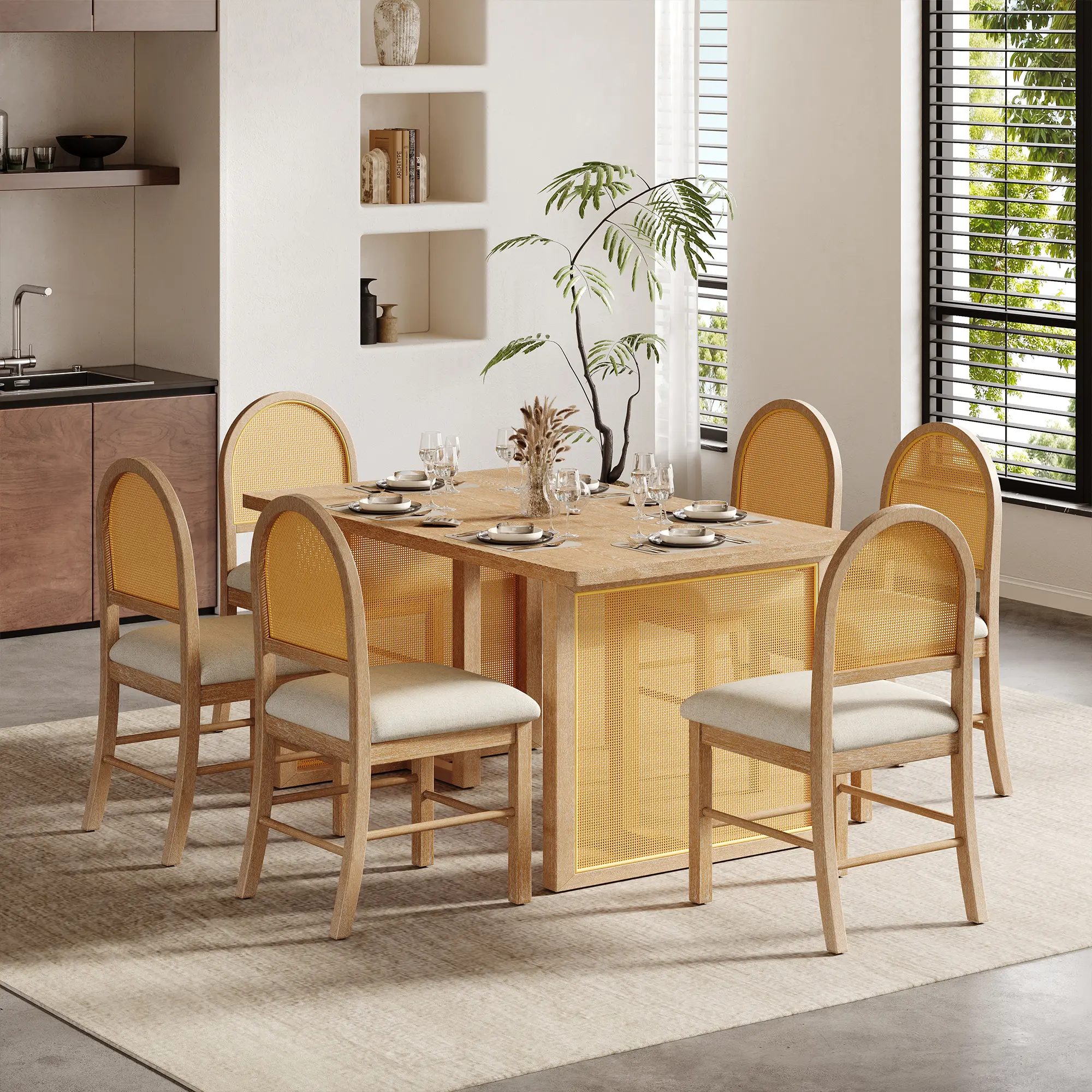 TREXM 7-Piece Farmhouse Dining Table Set for 6 - 59.8" Rectangular Table with Distressed Oak Veneer and 6 Rattan Chairs, Rustic Kitchen Furniture for Dining Room, Natural Finish, Dining Room Chairs for Kitchen, Dining Room, Living Room