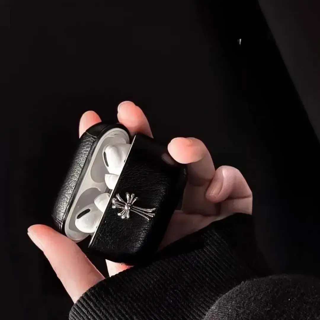 Luxury Black Faux Leather Gothic Cross Case for AirPods Pro 2 1, Chrome Hearts Style Punk Hip Hop Streetwear Aesthetic Cover, Durable Anti-Drop Creative Earbud Sleeve, Vintage Cyber Y2K Dark Academia Tech Accessory, Niche Personalized Couple Gift