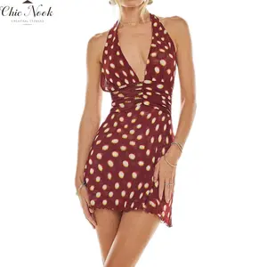 Women Mini Dress Sleeveless Halter Dress Flower Cherry Leopard Print Club Party Dress