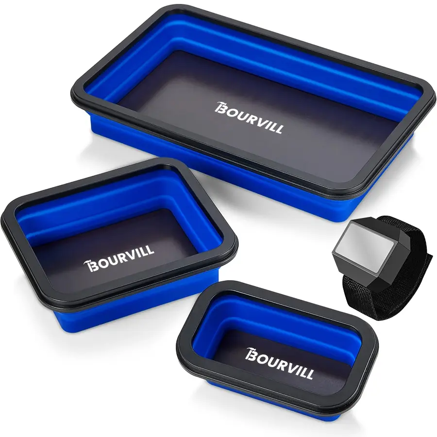 Magnetic Wristb & Collapsible Magnetic Parts Tray Set - 3 Different Size Tool Trays for Screw, Bolts, Nuts, Washers, Pins and Other Small Metal Parts, Mechanic Tool Gifts for Men - Blue