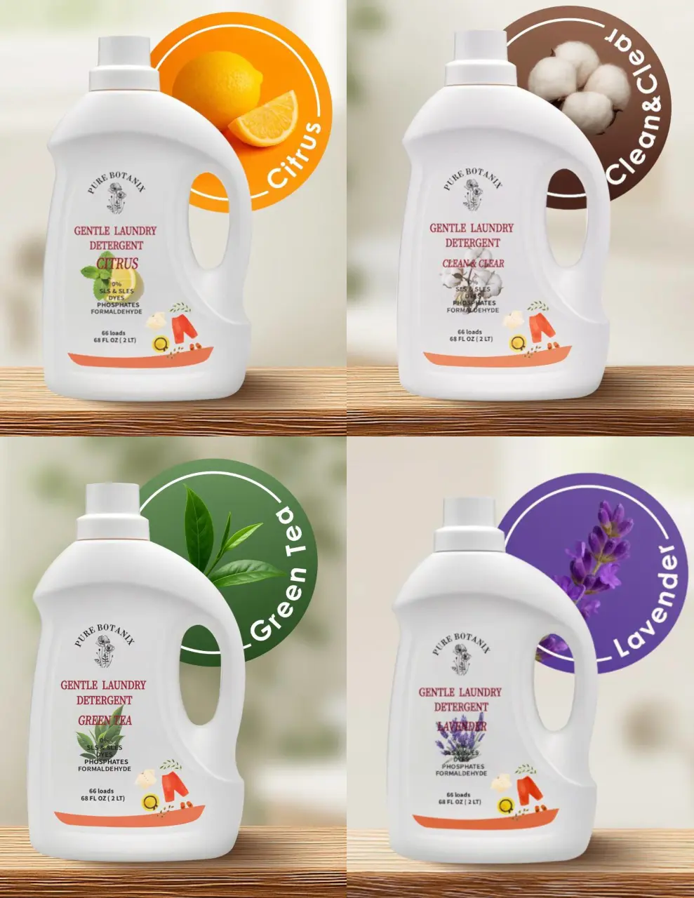 PureBotanix Gentle Laundry Detergent - Plant-Derived Formula for Baby & Delicate Clothes - Free of Toxic Chemicals & Allergens - Citrus, Clean & Clear, Green Tea, Lavender Scent Combo