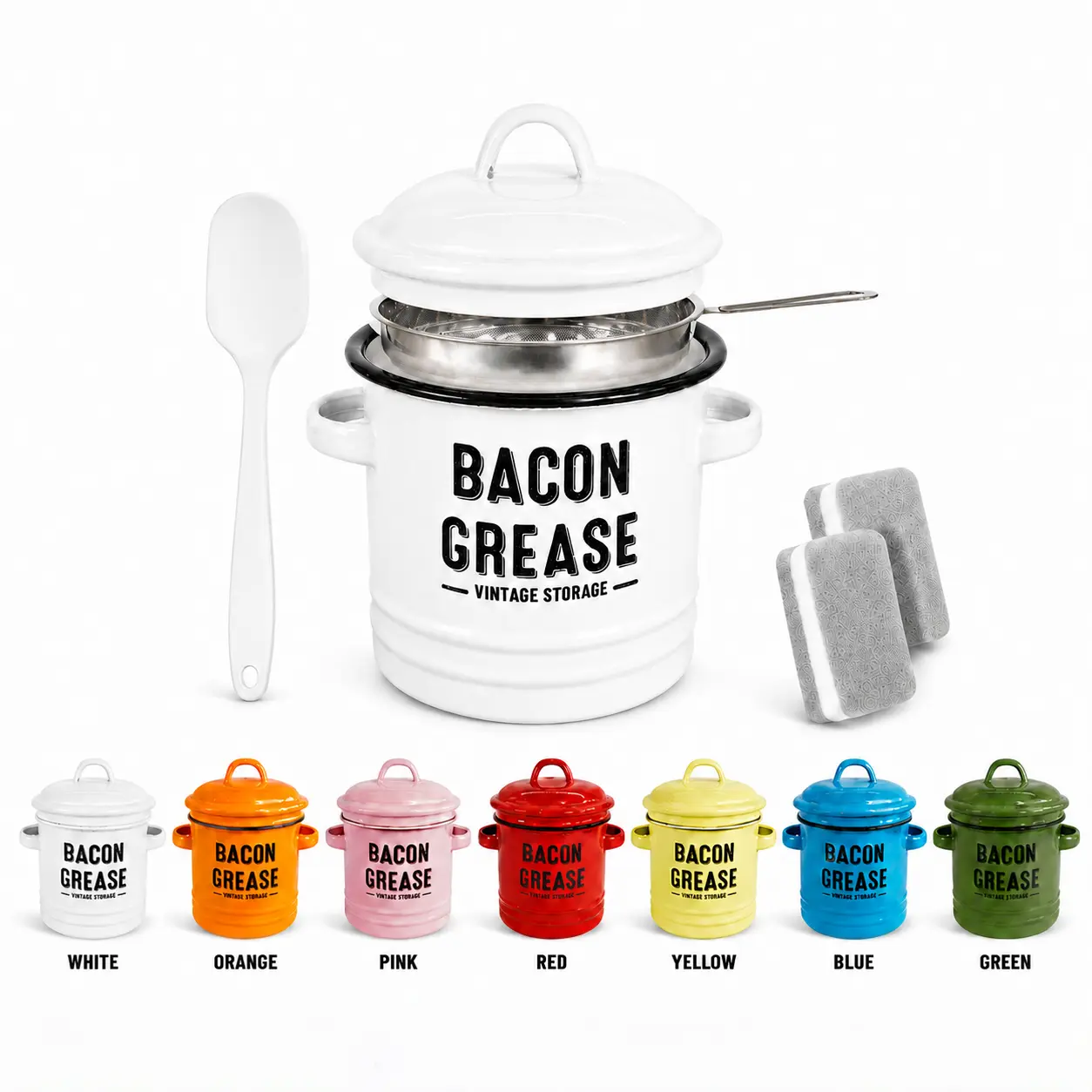 46oz Vintage Enamel Body Bacon Grease Storage Container with Strainer Set, Food-Grade Silicone Spatula, Fine Mesh Filter Lid - Rustic Oil Storage Pot, Dishwasher-Safe Kitchen Oil Dispenser