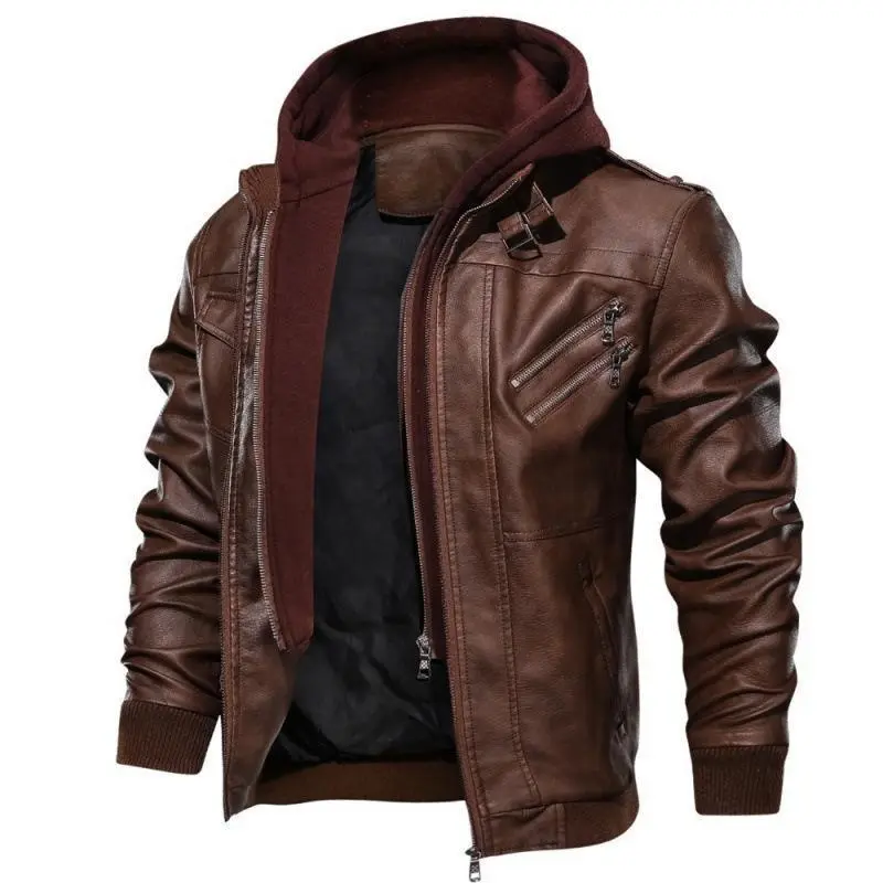 MenBrownLeatherMotorcycleJacketwithRemovableHoodHoodieCasual(Raincoats)