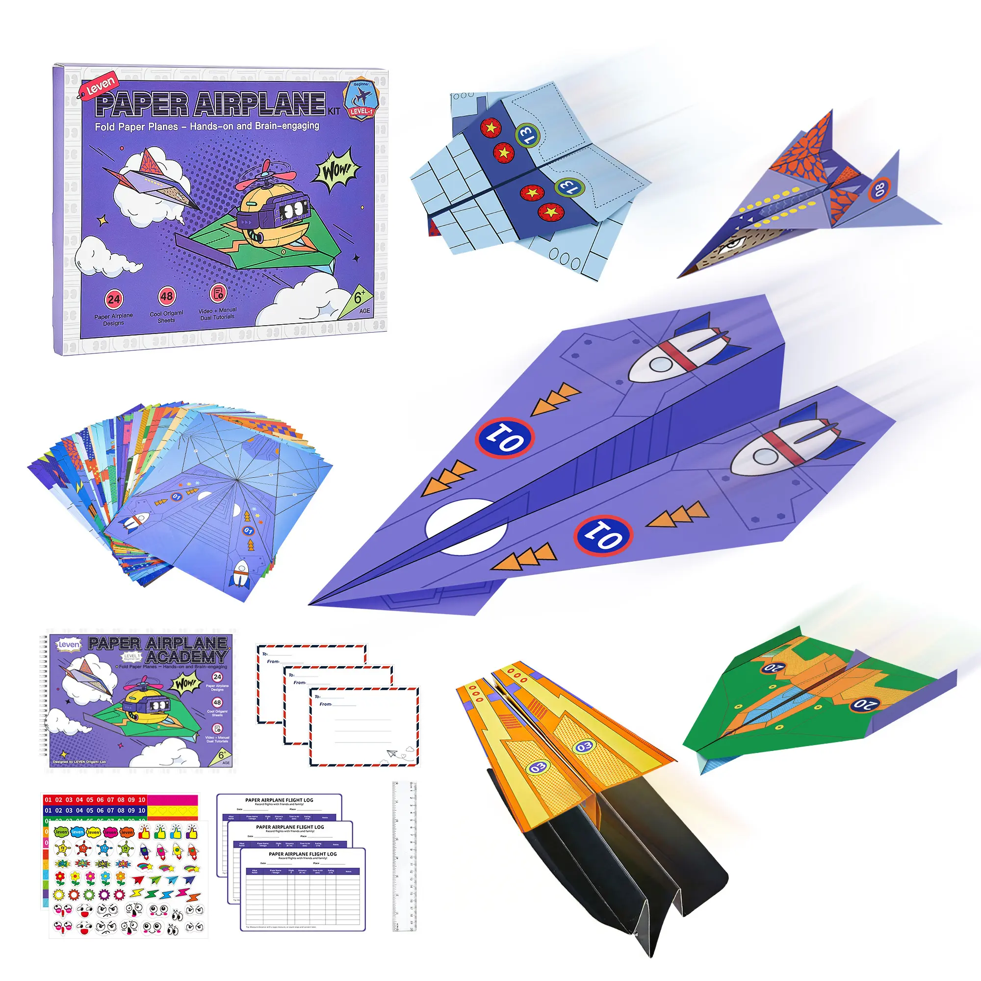 Leven DIY Paper Airplane Kit – 24 Creative Paper Plane Designs, 48 Colorful Origami Sheets, Illustrated Guide + Video Tutorial for Kids Ages 6+, Fun STEM Arts & Crafts Kit with Flight Experiments, 11.61 x 8.66 inches, Colored Paper Papercraft#backtoschool