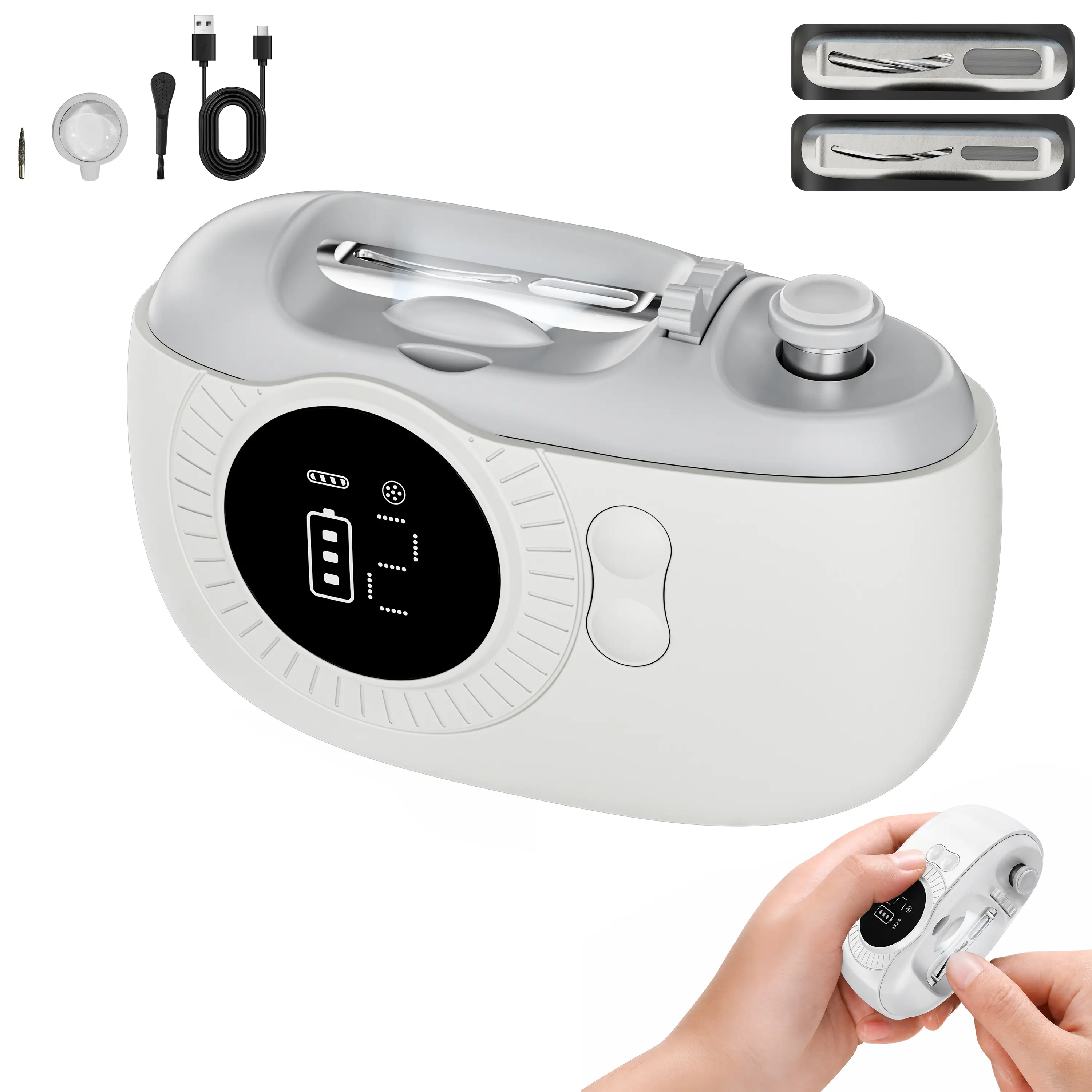Electric nail clipper suitable for seniors; features an adjustable dual-head design, LED light, and 5x magnifying glass; smart automatic nail trimmer and polisher—ideal for the elderly, adults, and children; a great gift for parents.