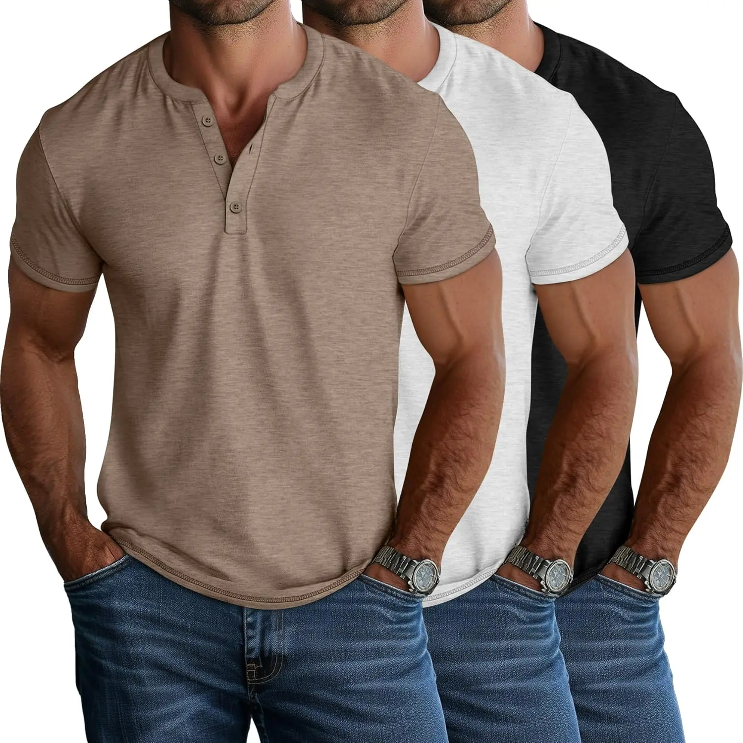 Men's 3-Pack Cotton Henley T-Shirts - Big & Tall Large Fit Short Sleeve Casual Tops with Button Placket for Summer, Plain Henley Neck (3-pieces), Tshirt, Solid Colors, Black, White, Light Grey