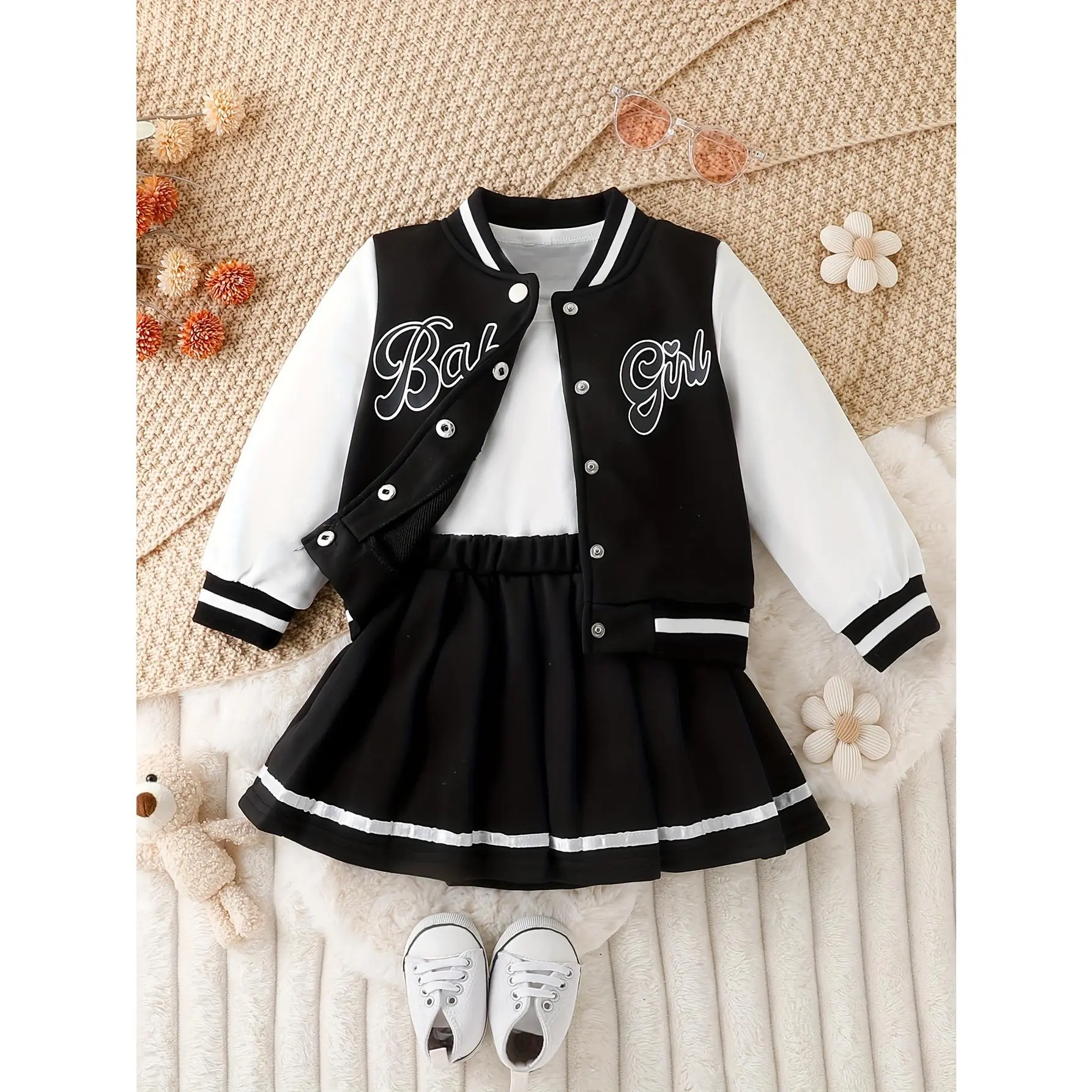 2026  Girls' Style Patchwork Baseball Jacket & Preppy Pleated Skirt Set in Long Sleeve Crew Neck with Applique Lettering, Knee-Length Regular Fit Fall/Winter, Perfect Outdoor