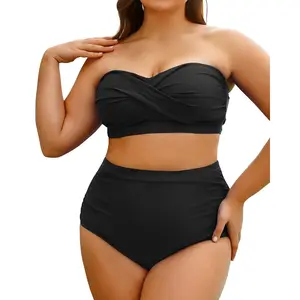 Yonique Women's Plus Size Two-Piece Bandeau Bikini, High-Waisted Tummy Control Swimwear for Sports & Outdoor Use