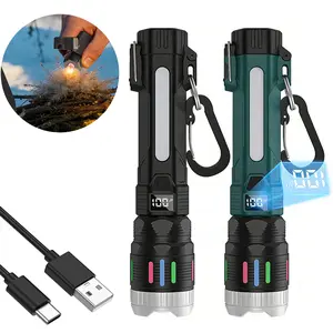 2400 Lumen Tactical Flashlight with Built-in Lighter, Digital Display of Power, Rechargeable, Zoomable, IPX4 Waterproof, Adjustable Brightness Flashlight for Outdoor Survival Camping