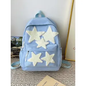Unisex Preppy Style Star Patched Backpack, Casual Lightweight Large Capacity Backpack, Fashionable Classic Backpack for Daily, Travel, College Use