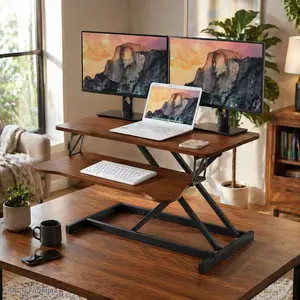 32-Inch Height-Adjustable Sit-to-Stand Ergonomic Desk Converter, ARCH 31.5x15.7" Dual-Monitor Riser & Laptop Office Workstation, Wide Keyboard Tray, Sturdy Base, Walnut Commercial Office Furniture