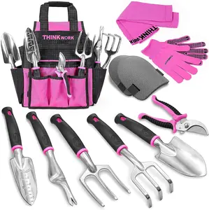 THINKWORK Pink Garden Tools Set, Floral Gardening Hand Tools, Outdoor Garden Hand Tools, Stainless Steel Heavy Duty Gardening Tool Set for Women