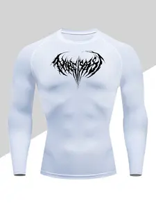 Men's Thistle Print Compression Shirt, Long Sleeve Sporty Base Layer Top for Cold Weather, Polyester & PU Fabric, Round Neck, Tight Fit, Fitness Outfits, Workout Apparel, Fitness Shirts