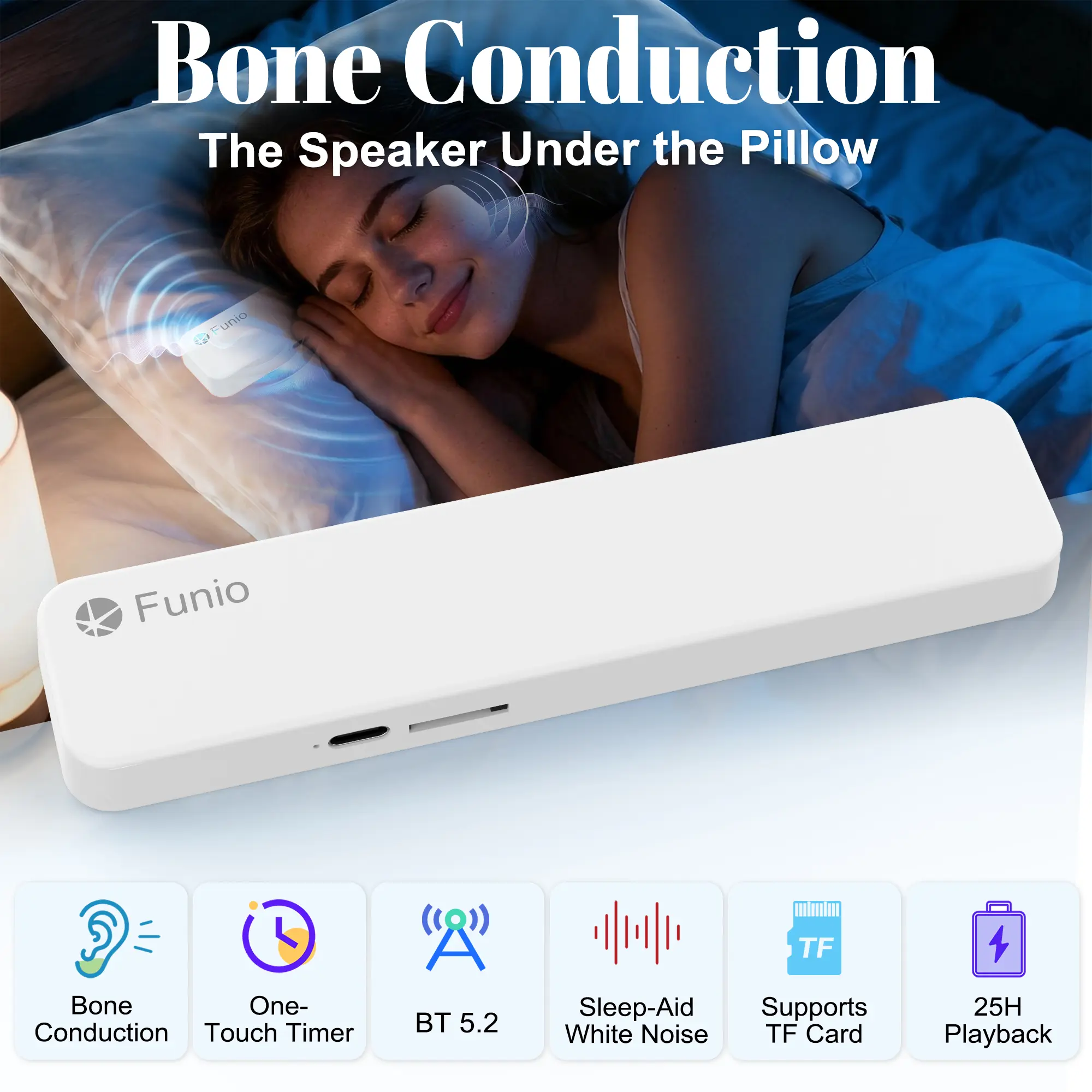 Bone Conduction Pillow Speaker – Under Pillow Bluetooth 5.2 Sleep Aid with 25H Playtime, TF Card Slot & Timer, Private Listening for Bedside (No Earphones Needed)