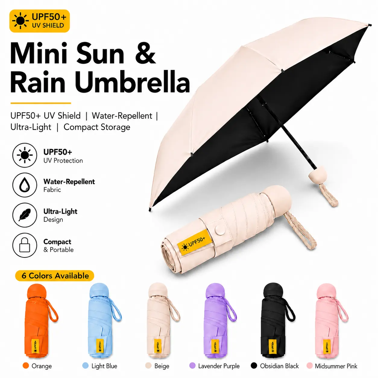 Mini Folding Umbrella for Purse - Mini Travel Products, UPF50+ Sun & Rain Protection, Lightweight Compact Rainy Day Umbrella for Bag & Everyday Carry