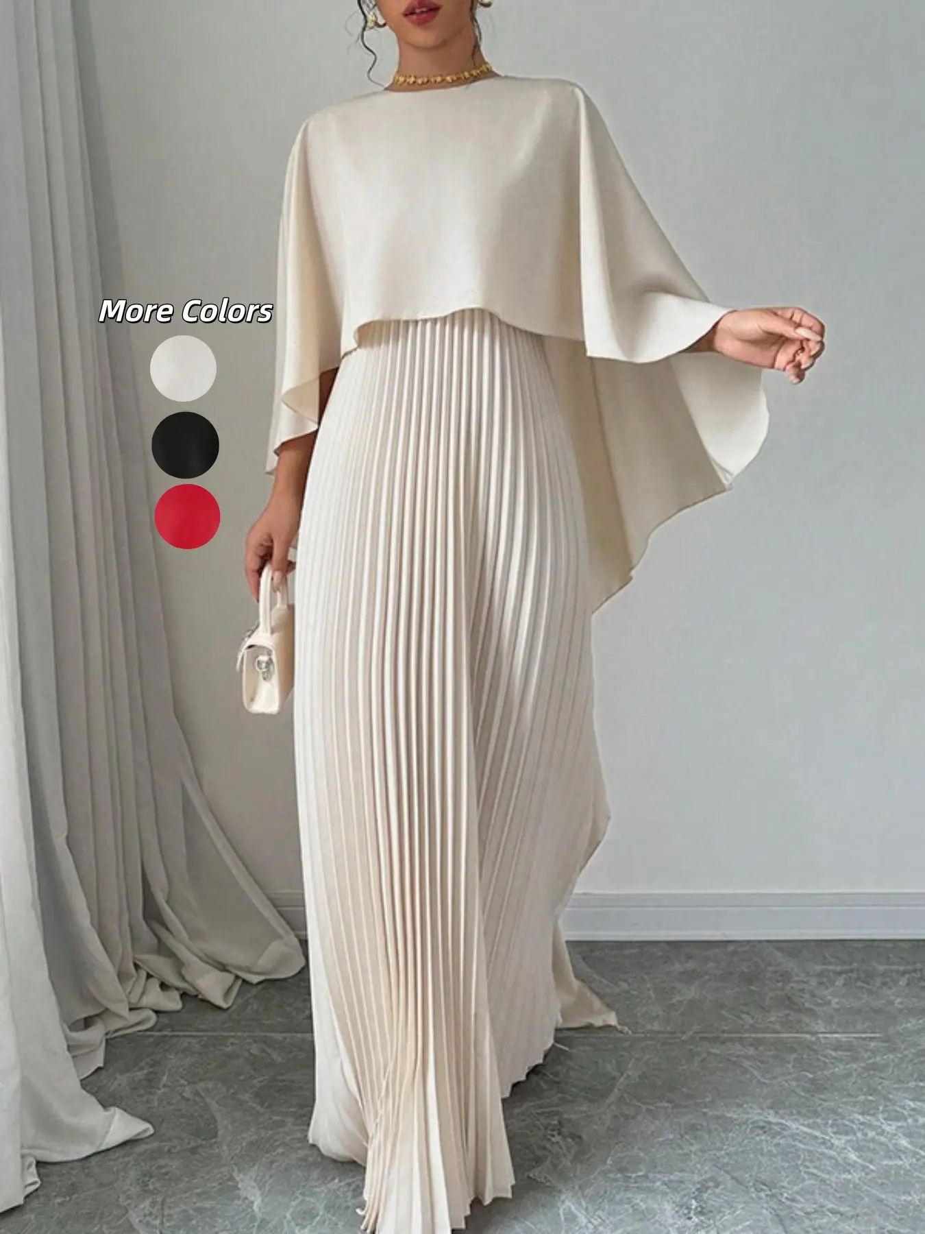 Women's Plain Pleated Cloak Sleeve Woven Maxi Dress, Elegant Chic Formal Wear Round Neck Dress for Party Holiday Wedding Guest, Ladies Spring & Fall Clothes, Valentine's Day Gift for Girl