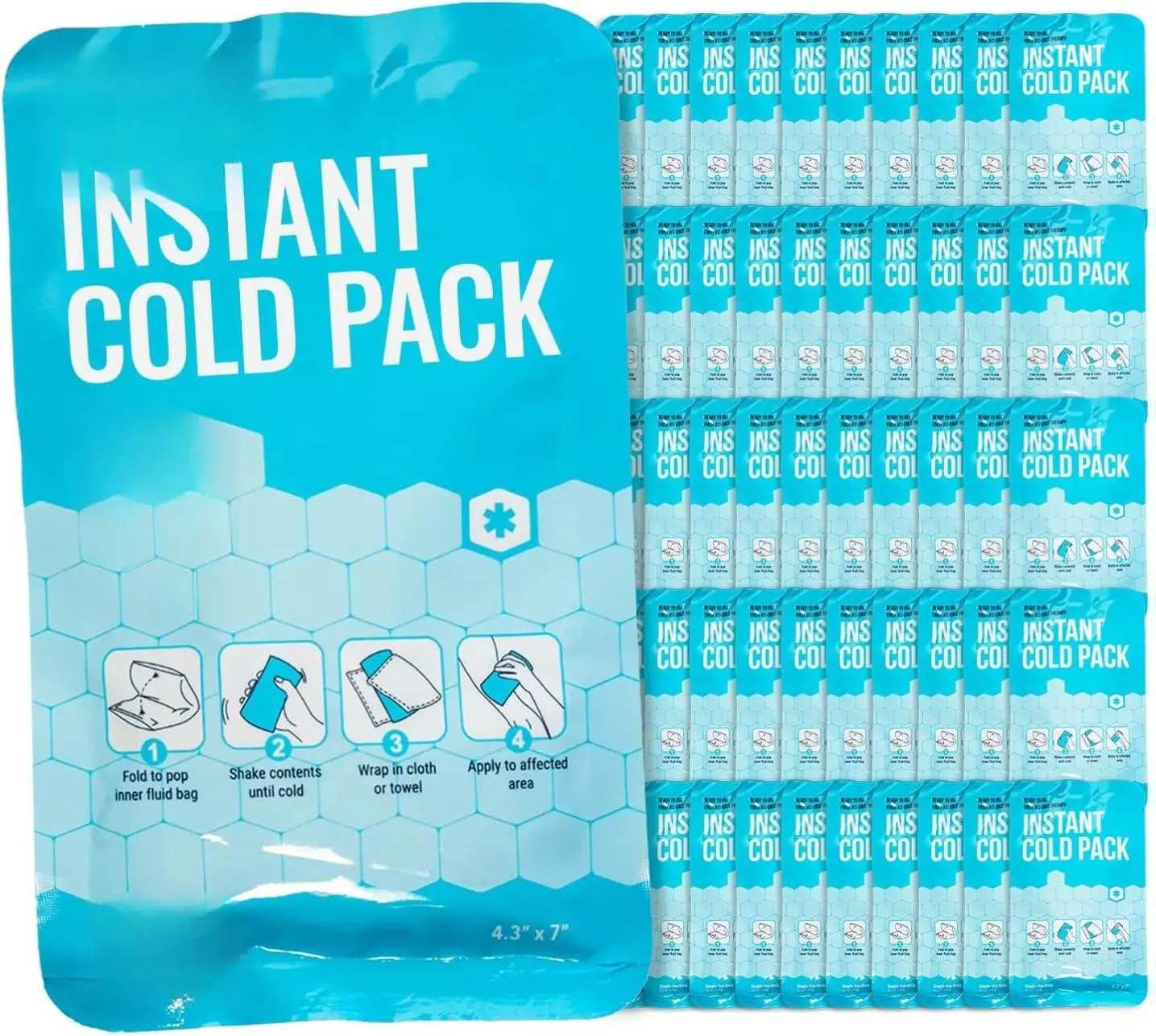 ICEWRAPS 4x7 Instant Soothing Cold Packs - Bulk Box of 50, Disposable Breakable Cold Compresses for Emergency, Sports Injuries