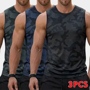Men's 3-Pack Performance Sleeveless Camo Tank Tops - Quick-Dry, Breathable, High-Elasticity Dry-Fit Fitted Military Style Sleeveless Short Vests for Gym Running Lifestyle Beater Set, Military Style Vests
