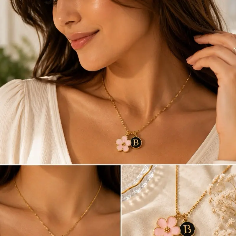 Cherry Blossom Necklace with Custom Initial | Cute Floral Jewelry for Women | Flower Pendant Gift for Her