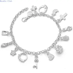 Vintage Silver Charm Bracelet for Women, Y2K Aesthetic Multi Charm Dangle Bracelet, Adjustable Link Chain Jewelry, Heart Star Moon Key Mixed Charm Design, Lightweight Daily Wear Fashion Accessory, Gift for Friends Lovers Birthday Anniversary