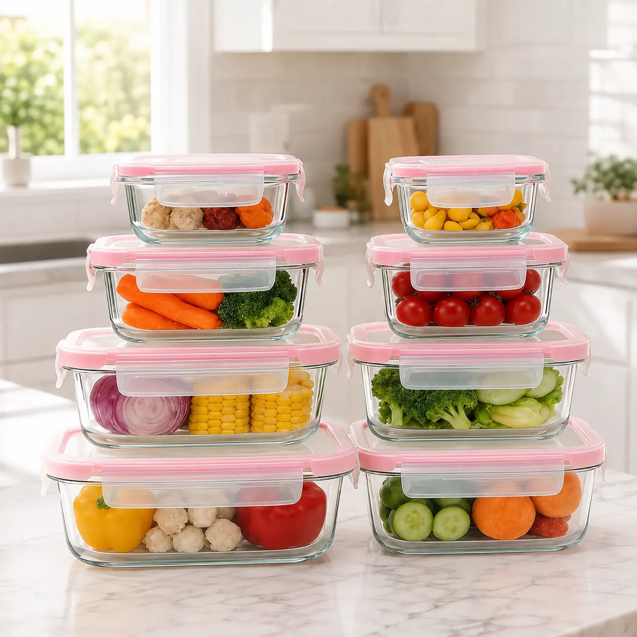8-Pack Glass Meal Prep Containers with Locking Lids, Assorted Size Glass Food Storage Container Set for Lunches, Leftovers and Kitchen Organization, 4 Cleaning Pads Included,meal prep tools stackable fruit