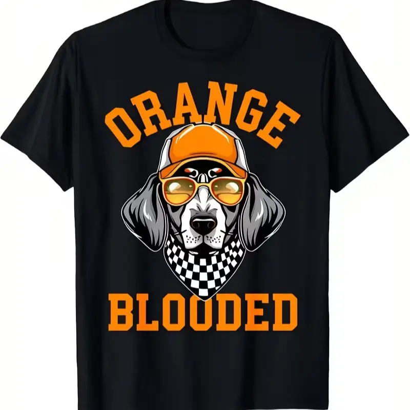 Classic Black 100% Cotton Cool Coonhound Dog Orange Cap Checkered Bandana "Orange Blooded" Tennessee Vols Fan Graphic T-Shirt, College Sports Mascot Oversized Casual Top