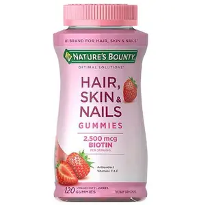 Nature's Bounty Optimal Solutions Healthy Hair, Skin & Nails Vitamin Gummies Dietary Supplement with Biotin, 2500 mcg, Strawberry, 120 Count, 60 Total Servings