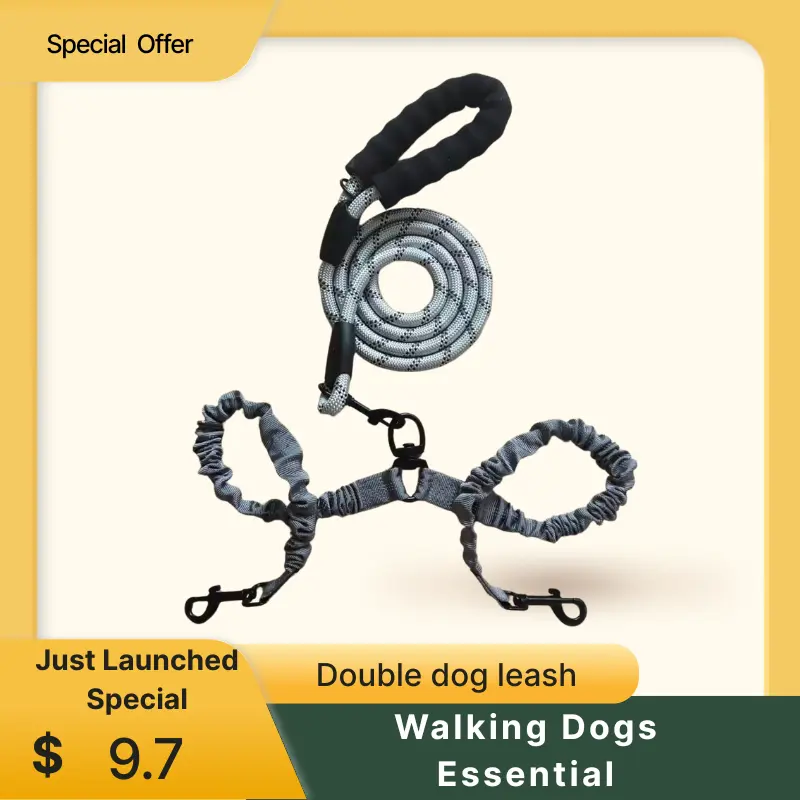 Double Dog Leash with Elastic Rope - Adjustable Anti-Pull Design for 1 or 2 Dogs, Ideal for Walks with 2 Pets, Walks Two
