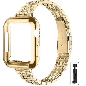 1pc Watch Face Protector+1pc Stainless Steel Band+1pc size adjuster Compatible with Apple Watch 41mm 40mm 38mm 45mm 44mm 42mm, for Watch Series 9/8/7/6/5/4/3/2/1/SE/SE2, Slim & Luxurious for Women Smart Watch Accessories Smart Watch Straps
