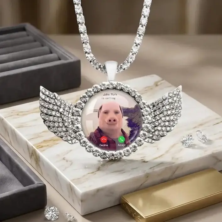 Unisex Meme-Inspired Pig Motif Necklace with Angel Wings, John Pork Answers the Phone Funny Jewelry, Funny Gifts Accessories for Pig Lovers, Christmas Gift