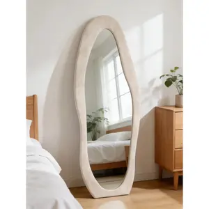 Summervibes 63"x24" Full Length Mirror, Flannel-Wrapped Wooden Frame, Irregular Wavy Design, Shatterproof Tempered Glass, White Home Decor for Bedroom, Living Room Decor