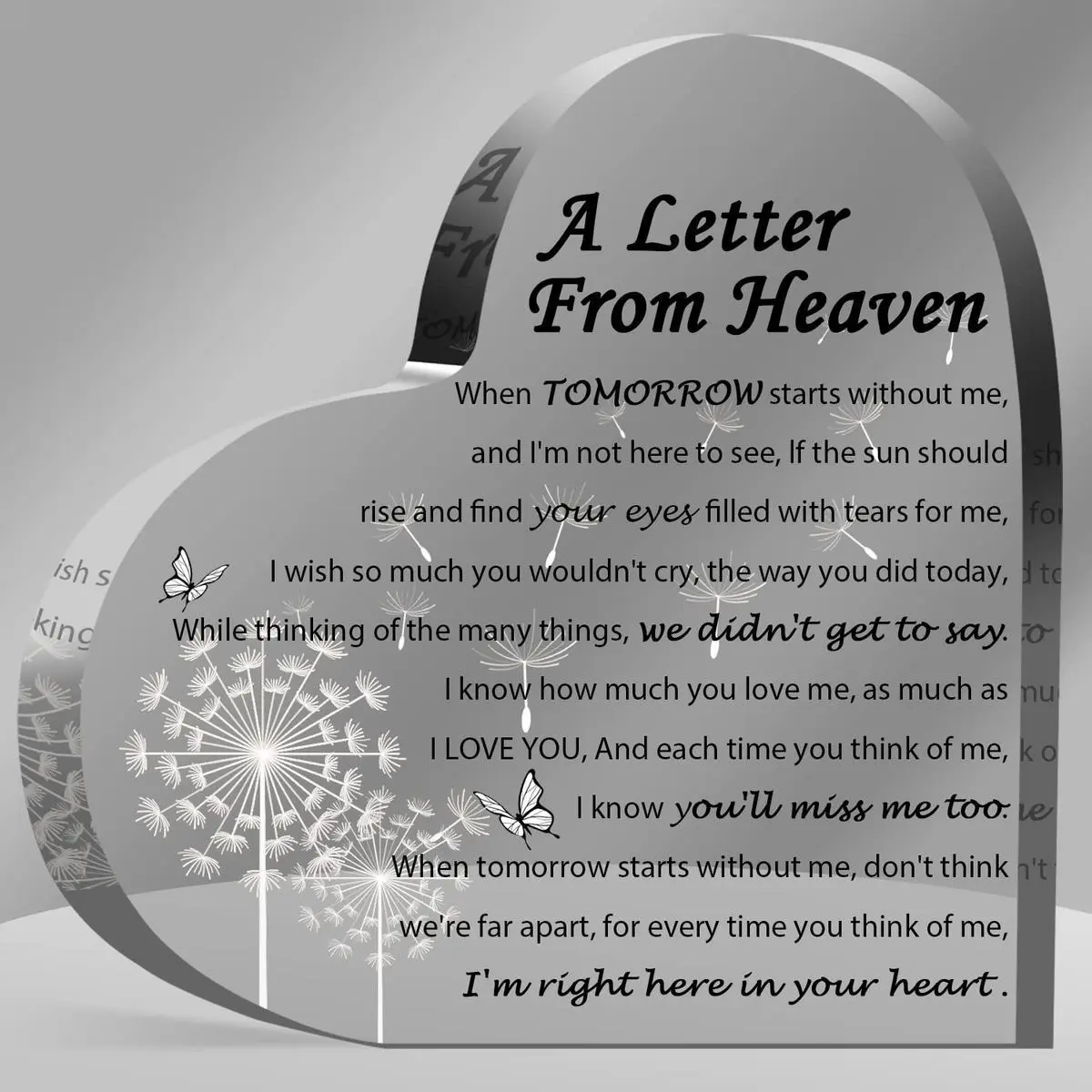 Sympathy Gifts - A Letter from Heaven- Memorial Gift for Loss of Mother Father Husband Son, Acrylic Heart Keepsake,Remembrance Sympathy Gifts Decoration Signs