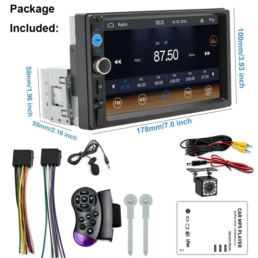 Single 1Din 7 Inch Touch Screen Car Stereo, Bluetooth Radio with Apple CarPlay Android Auto GPS Navigation