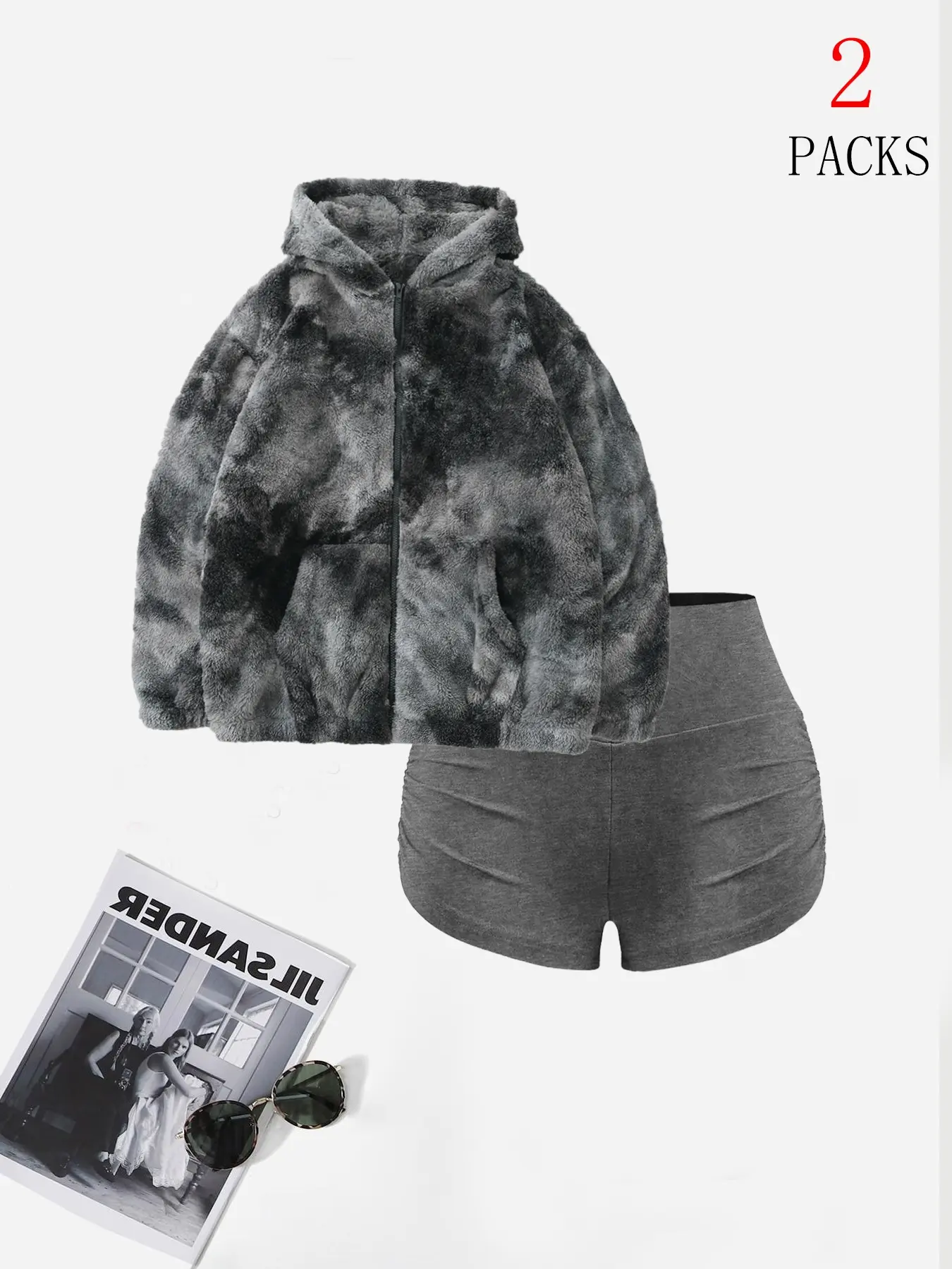 Women's Casual Hooded Sweatshirt Set, Tie-Dye Fleece Pullover + Cycling Shorts, Fashionable Camping Party High Street Style