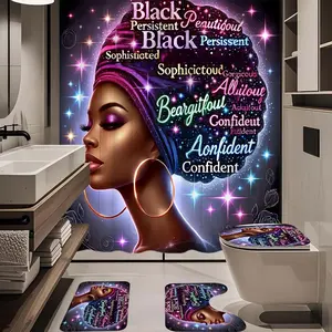 1/4pc shiny black girl pattern bathroom set, The 4-piece set includes a single shower curtain, anti slip floor mat, toilet U-shaped mat, toilet lid mat, with shower curtain hook, and belongs to bathroom decoration products