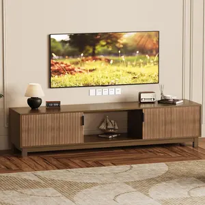 Garvee Fluted Mid Century Modern Wooden TV Stand and Entertainment Center, 70-Inch Long Walnut Console with Open Storage, Fits TVs Up to 75 Inches for Living and Bedroom